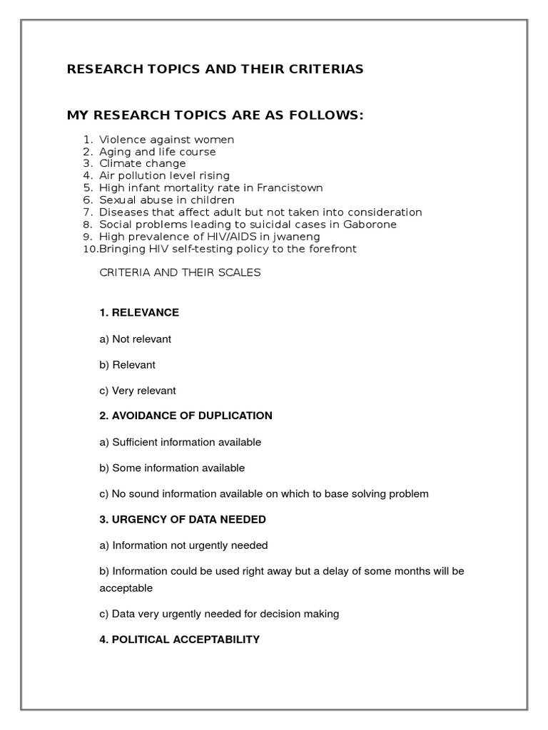 Research Topics and Their Criterias: 1. Relevance | PDF | Self-Improvement