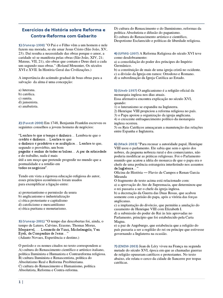 Exercícios de História sobre Reforma e ContraReforma com Gabarito PDF Reforma Protestante