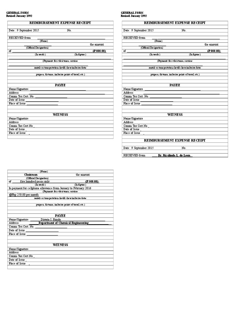 Reimbursement Expense Receipt Template | PDF