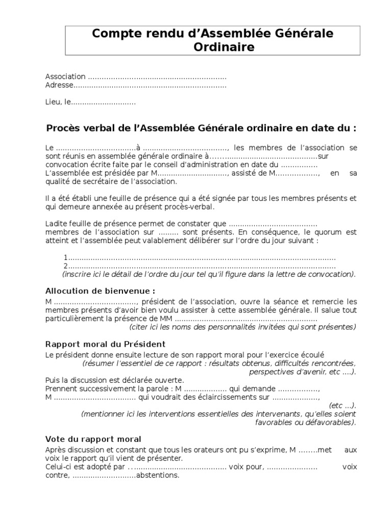 Modèle De Pv D'approbation Des Comptes En Eurl