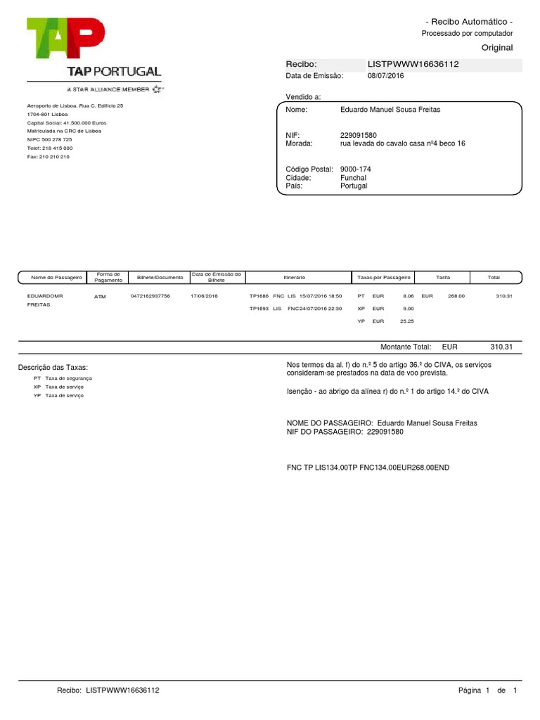 TAP Receipt | PDF