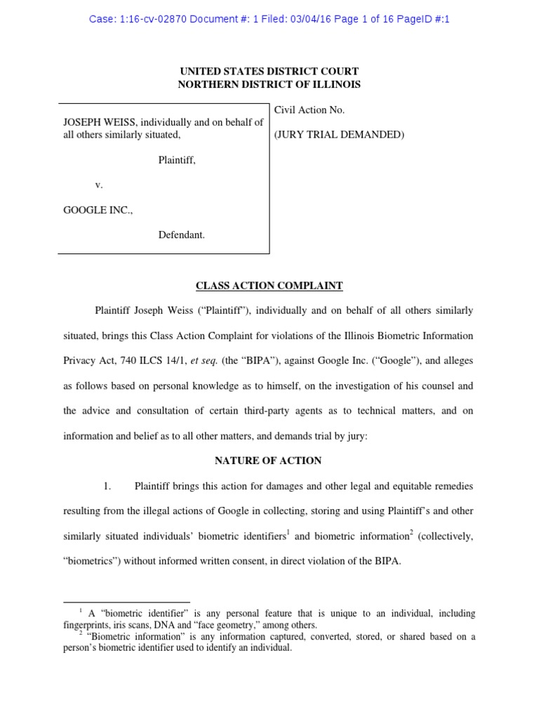 Weiss v. Google | PDF | Biometrics | Class Action