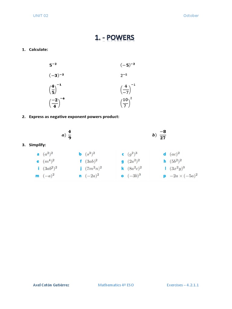 4 ESO - Unit 02 - Exercises 4.2.1 - Powers | PDF | Teaching Methods ...