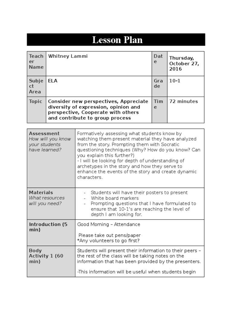 ELA Lesson Plan for Grade 10 Students | PDF