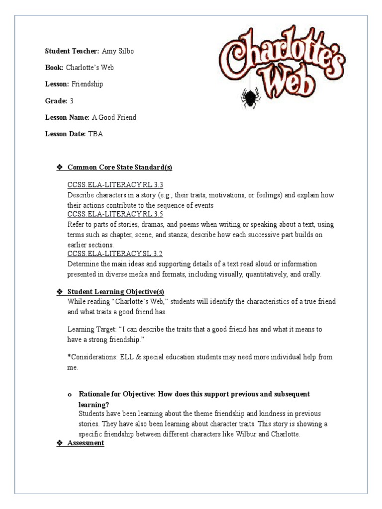 Lesson Plan 1 Charlotte S Web Lesson Plan Cognitive Science
