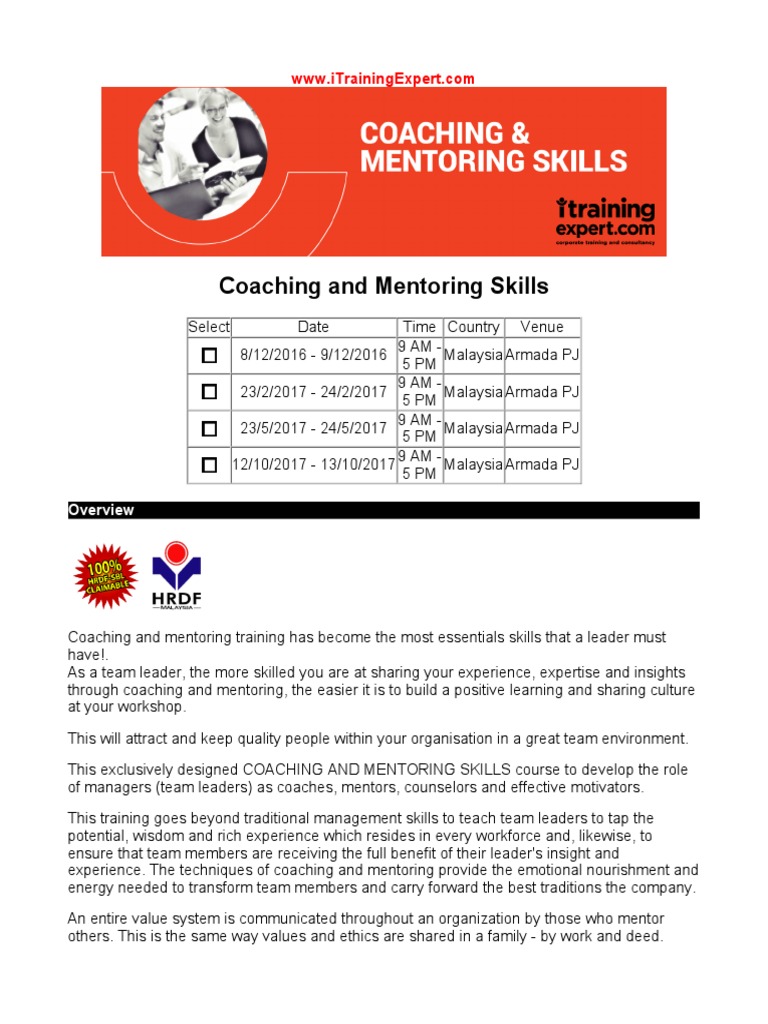 Coaching and Mentoring Skills Workshop | PDF | Mentorship | Leadership