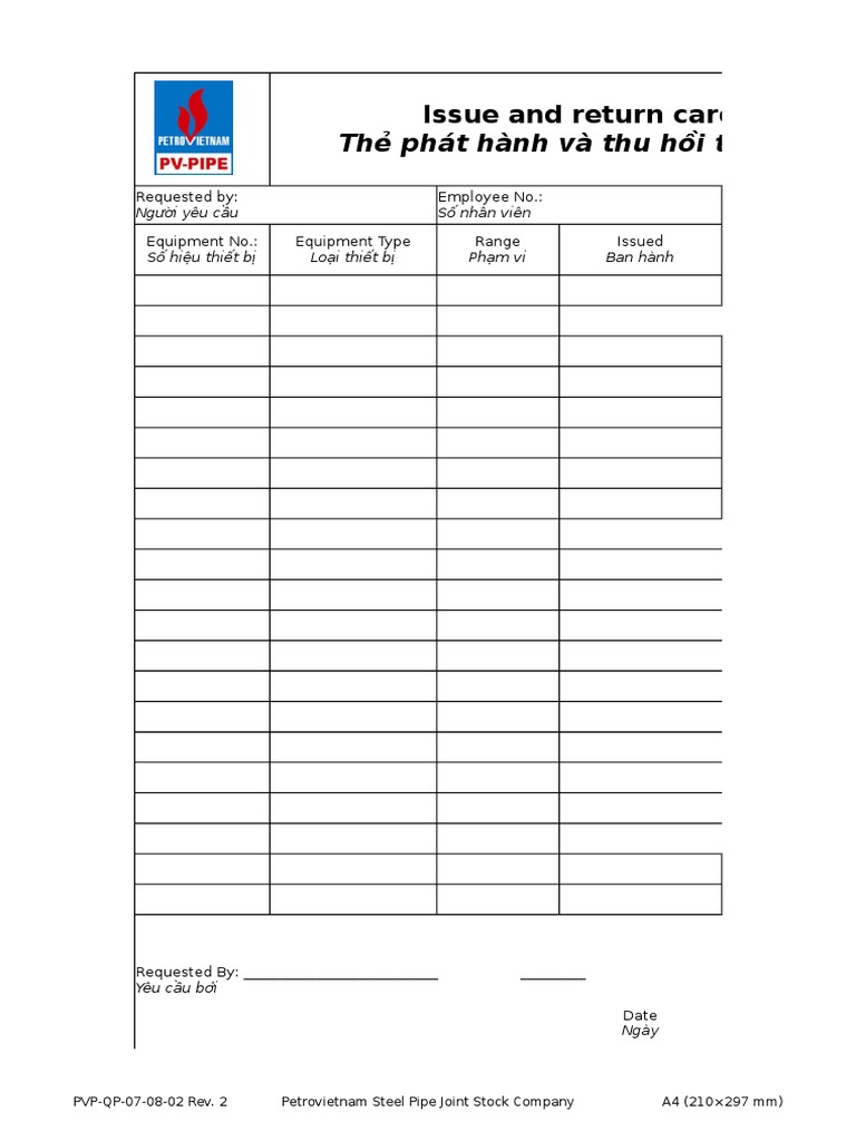 Thẻ phát hành và thu hồi thiết bi: Issue and return card | PDF