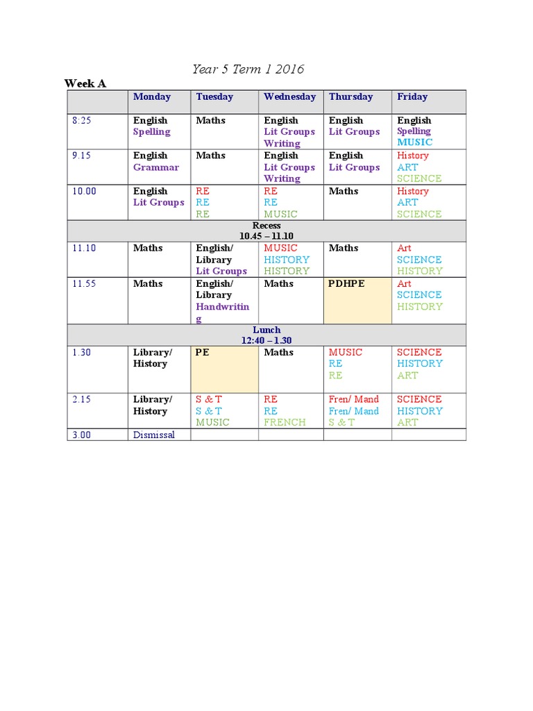 Year 5 Term 1 2016 Weekly Schedule | PDF | Language Arts & Discipline