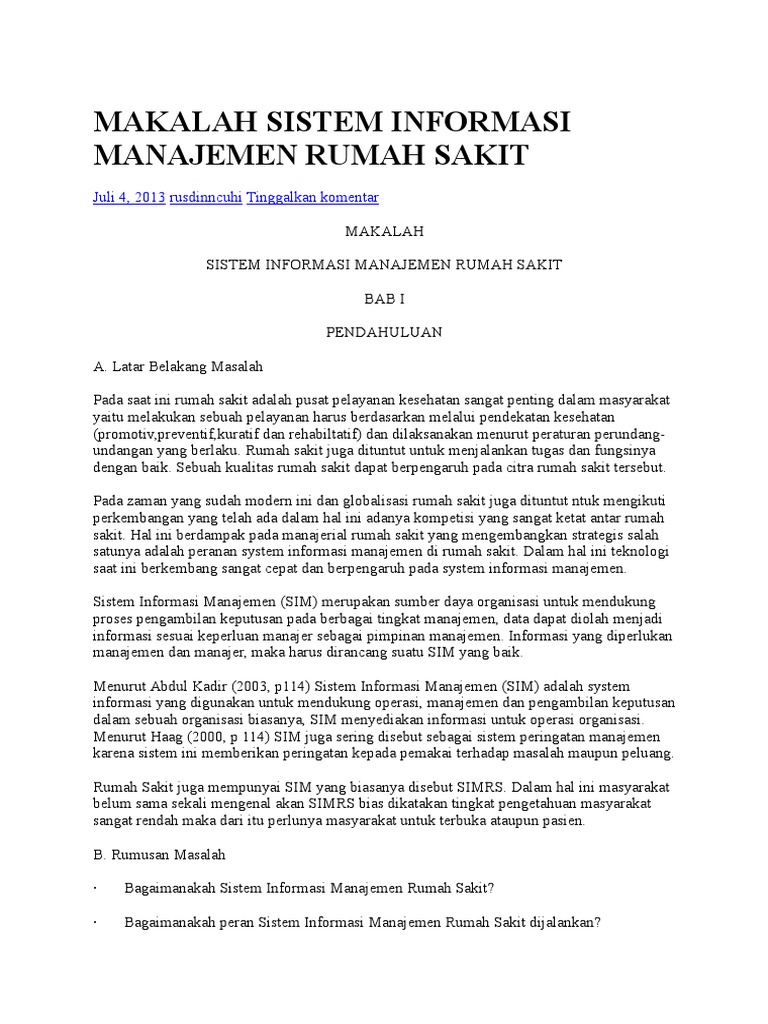 Makalah Sistem Informasi Manajemen Rumah Sakit