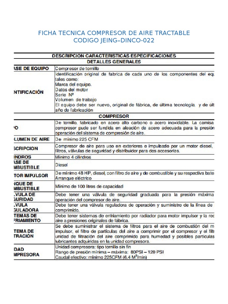 Ficha Tecnica Compresor de Aire Tractable Codigo Jeing Ciencia y