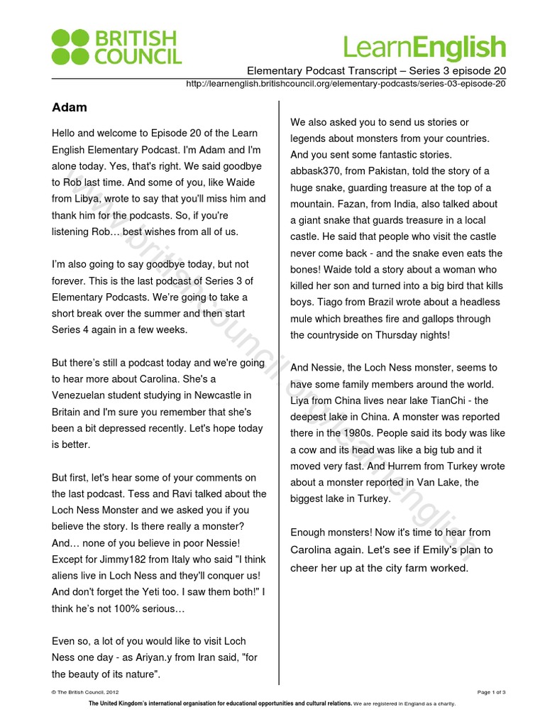 Learnenglish Podcasts Elementary 03 20 Transcript PDF | PDF | Loch Ness ...