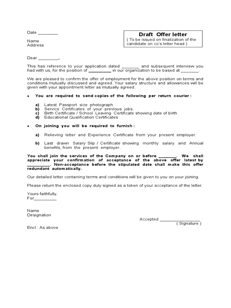 Draft Offer Letter