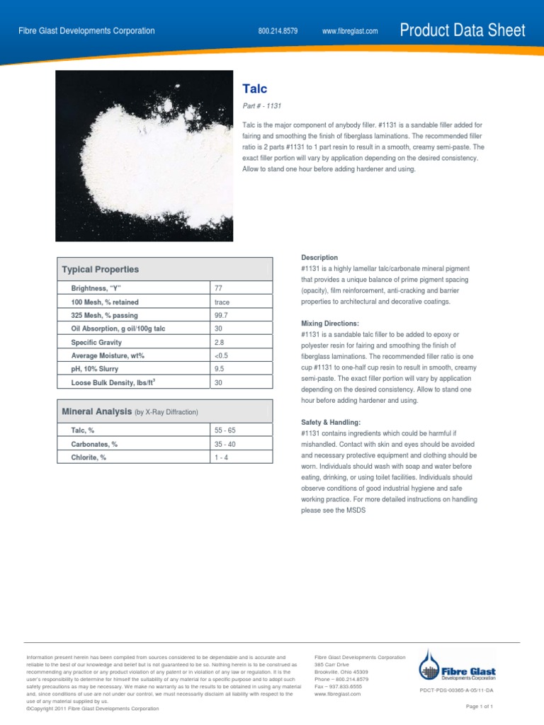 Talc Filler Datasheet Fiberglass Manmade Materials