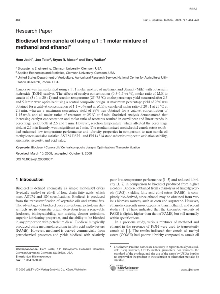 Biodiesel Production From Canola Oil PDF Biodiesel Diesel Fuel