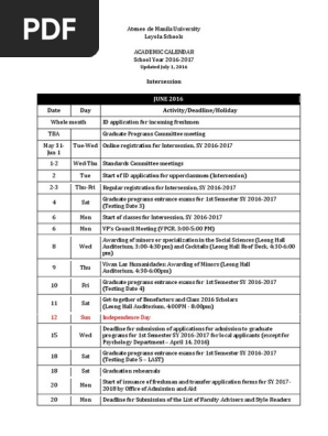 SY 2016-2017 Academic Calendar V1 1jul2016 0 | PDF | Thesis | Graduate  School