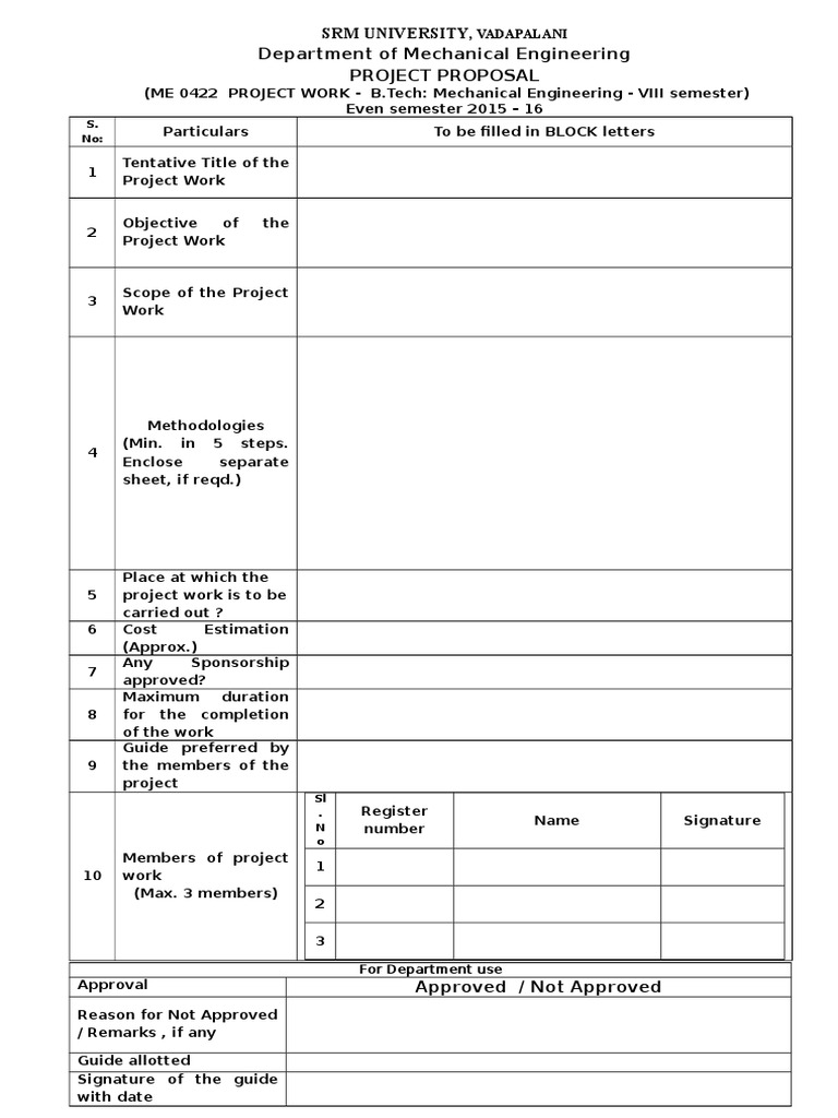 SRM University, Department of Mechanical Engineering Project Proposal ...