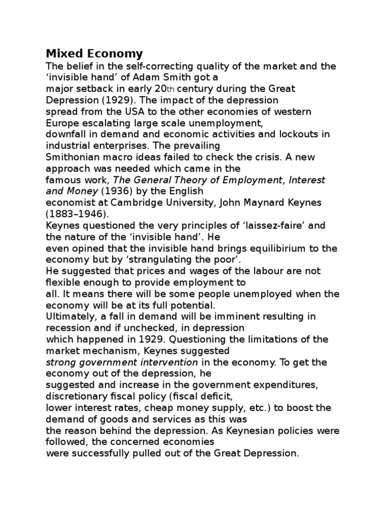 Mixed Economy PDF Great Depression John Maynard Keynes