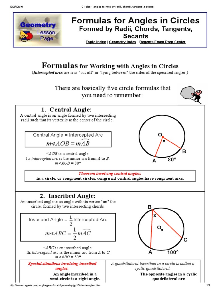 Circles Angles Formed By Radii Chords Tangents Secants Circle Angle