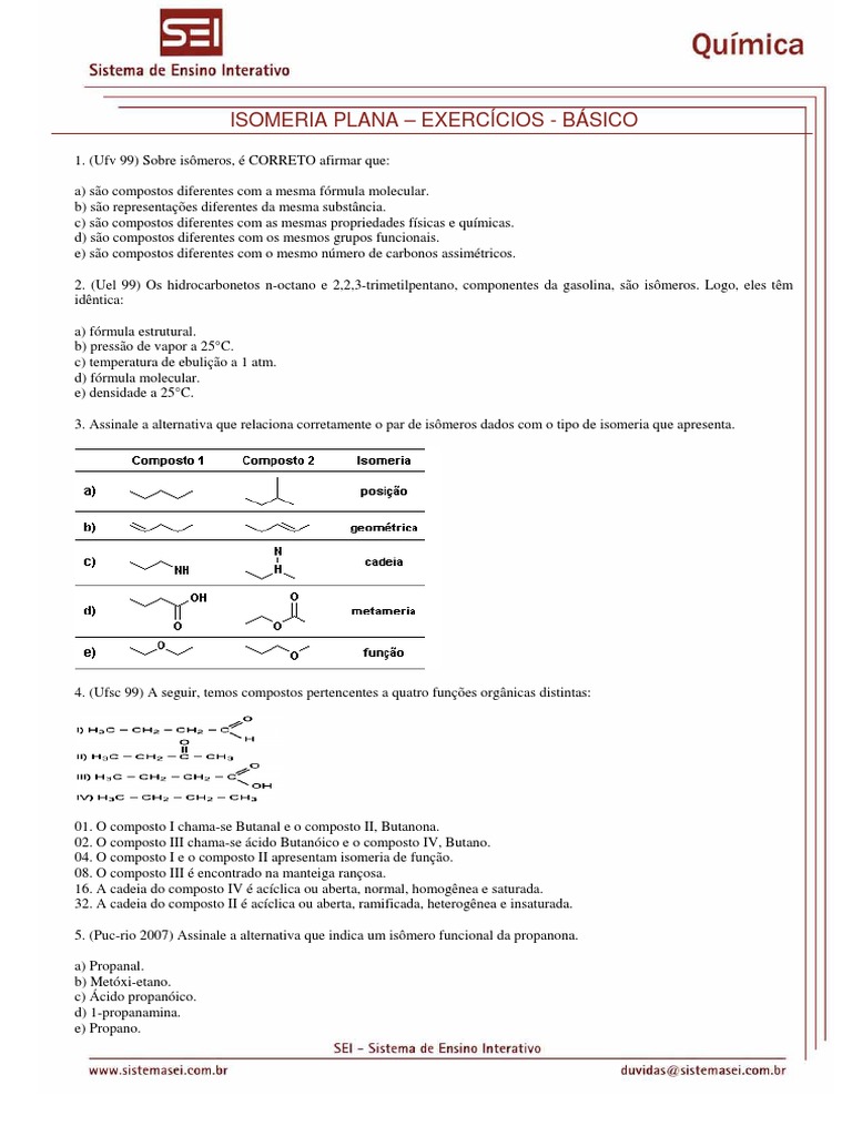 Exercícios de Isomeria Plana | PDF | Isômero | Carbono