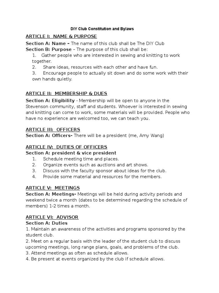 DIY Club Constitution and Bylaws | PDF | Art | Lifestyle