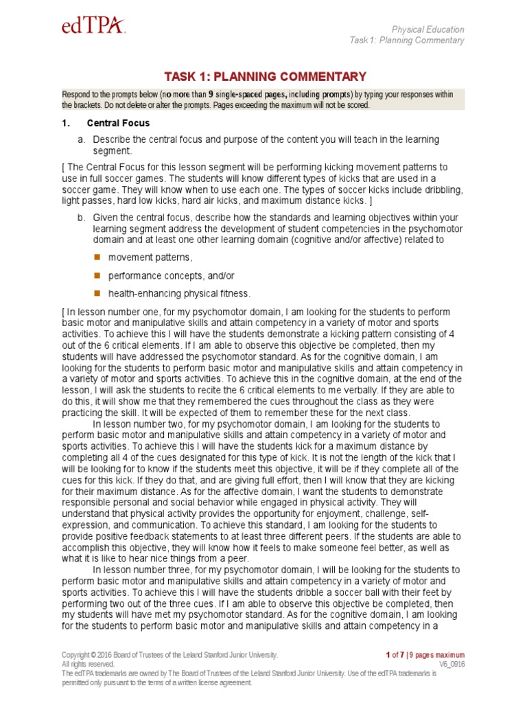 Edtpa physical education planning commentary 2 educational 