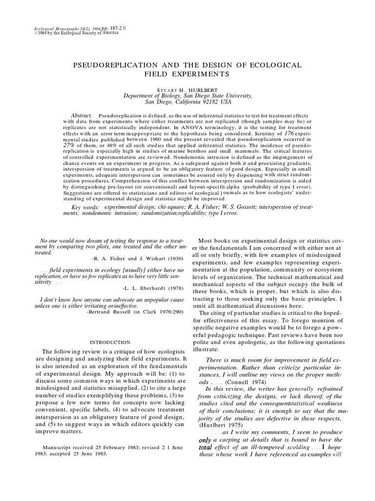 Pseudoreplication and de Design of Ecological Field Experiments PDF Experiment Design Of