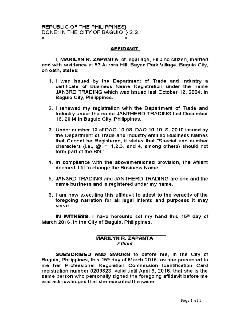 Affidavit of Change of Business Name | PDF | Affidavit | Civil Law ...