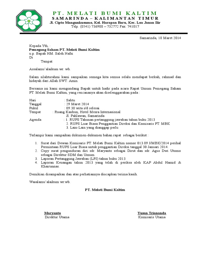 Contoh Surat Rups Luar Biasa