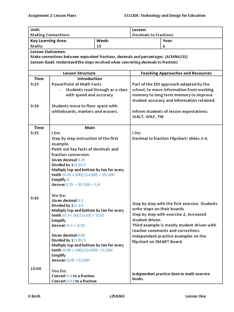 Lesson Plans For Portfolio Fraction Mathematics Lesson Plan