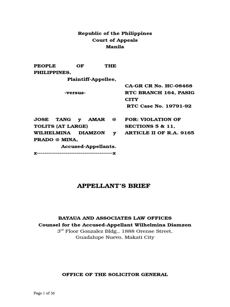 Appellant's Brief: Diamzon Case Analysis | PDF | Burden Of Proof (Law ...