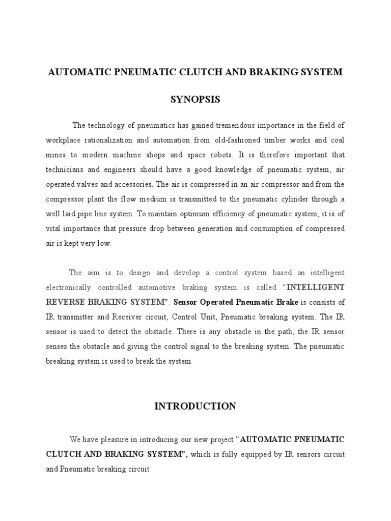 Automatic Pneumatic Clutch and Braking System Synopsis PDF
