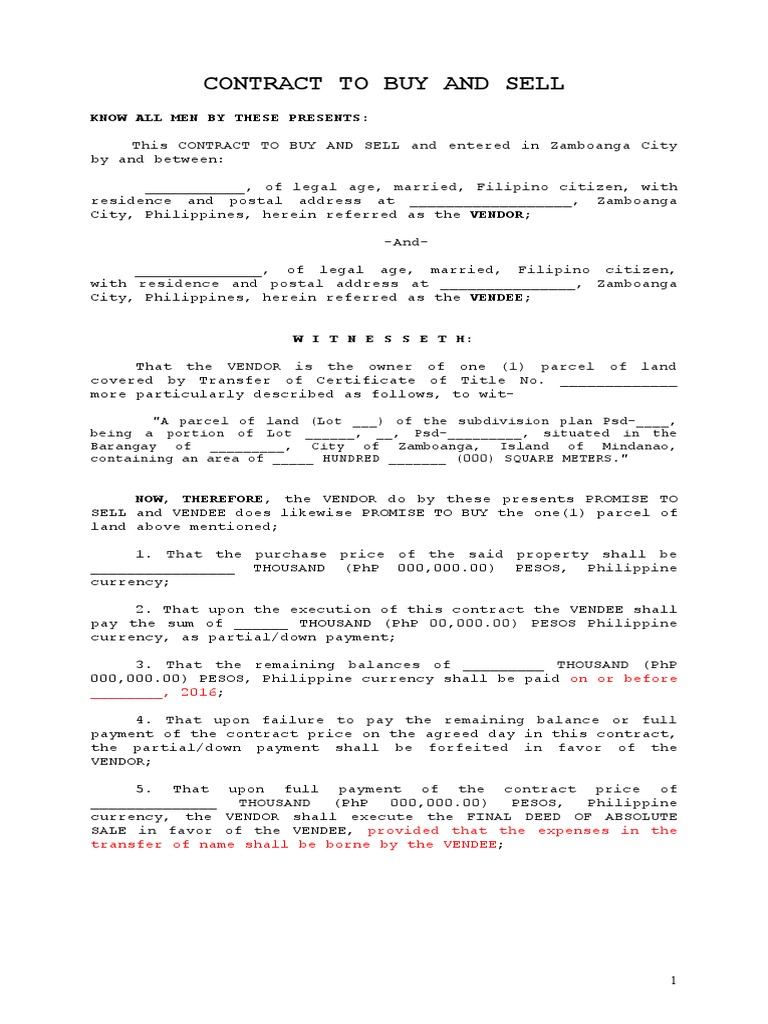 Contract To Buy & Sell Format Sample PDF Philippines Common Law