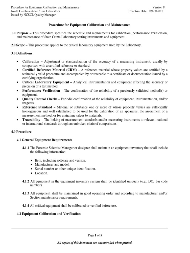 Equipment Calibration and Maintenance Calibration Verification And