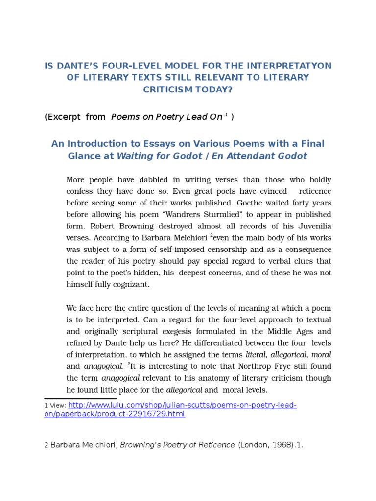 Is Dante's FourLevel Method of Interpreting Literary Texts Still