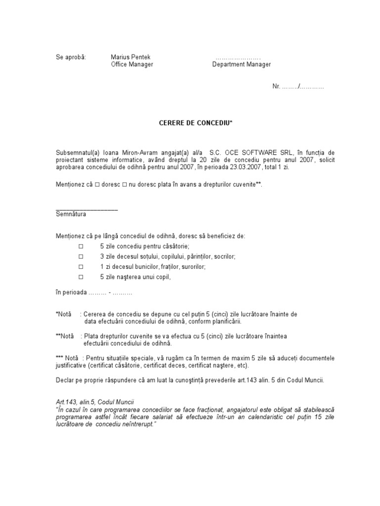 Cerere de Concediu 2007 | PDF