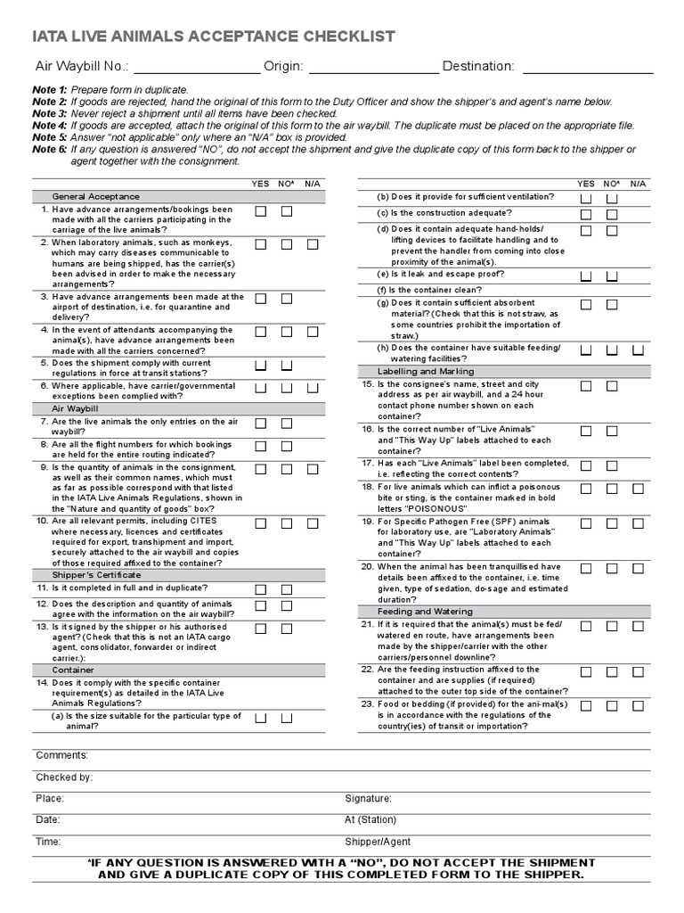 Iata Live Animals Acceptance Check List Transport Business