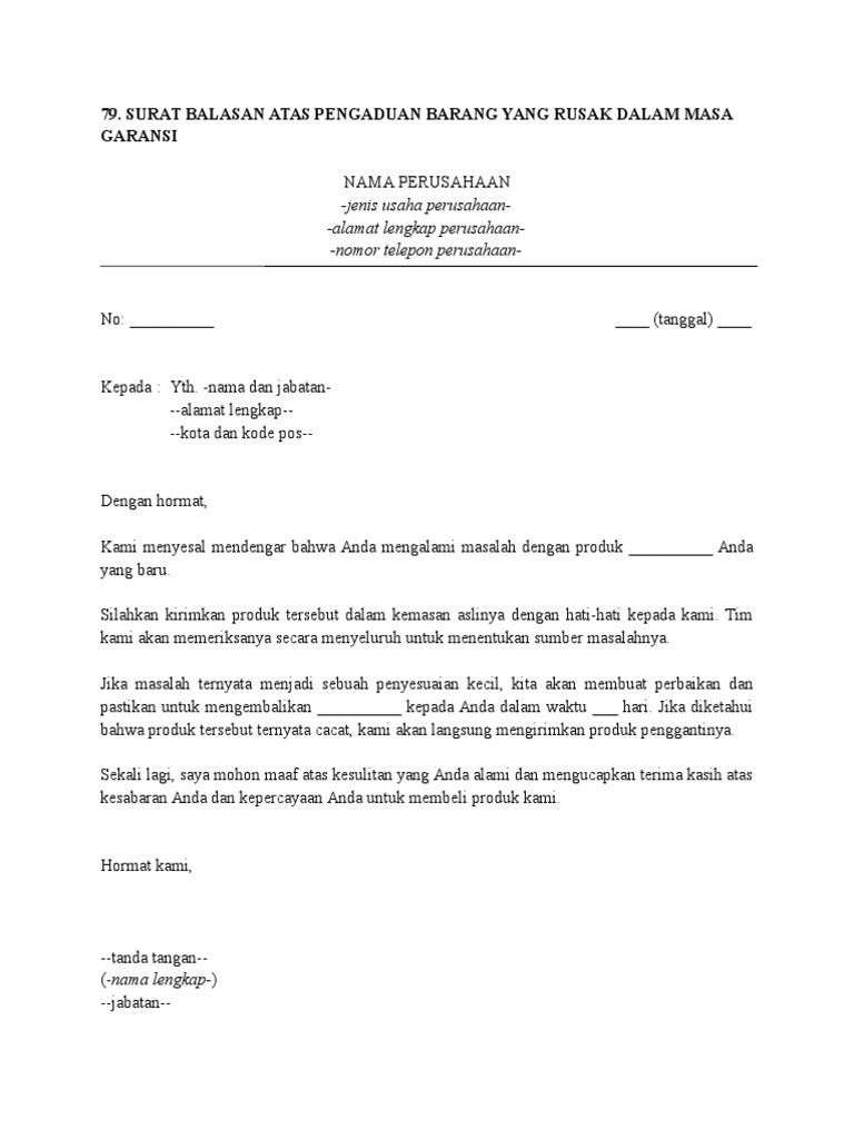 79 Surat Balasan Atas Pengaduan Barang Yang Rusak Dalam