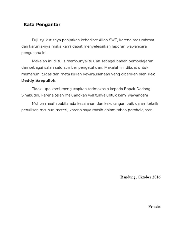 Contoh Kata Pengantar Laporan Wawancara - Seputar Laporan