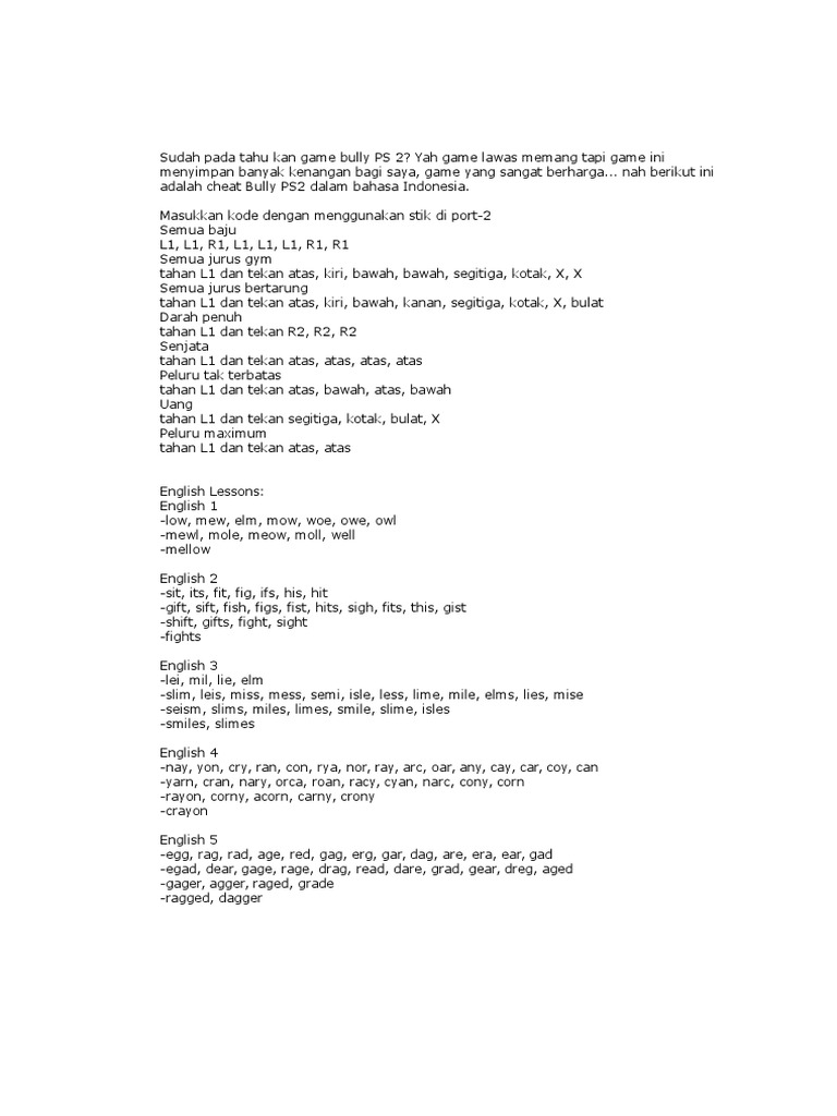 Bully English 5 Cheat Sheet