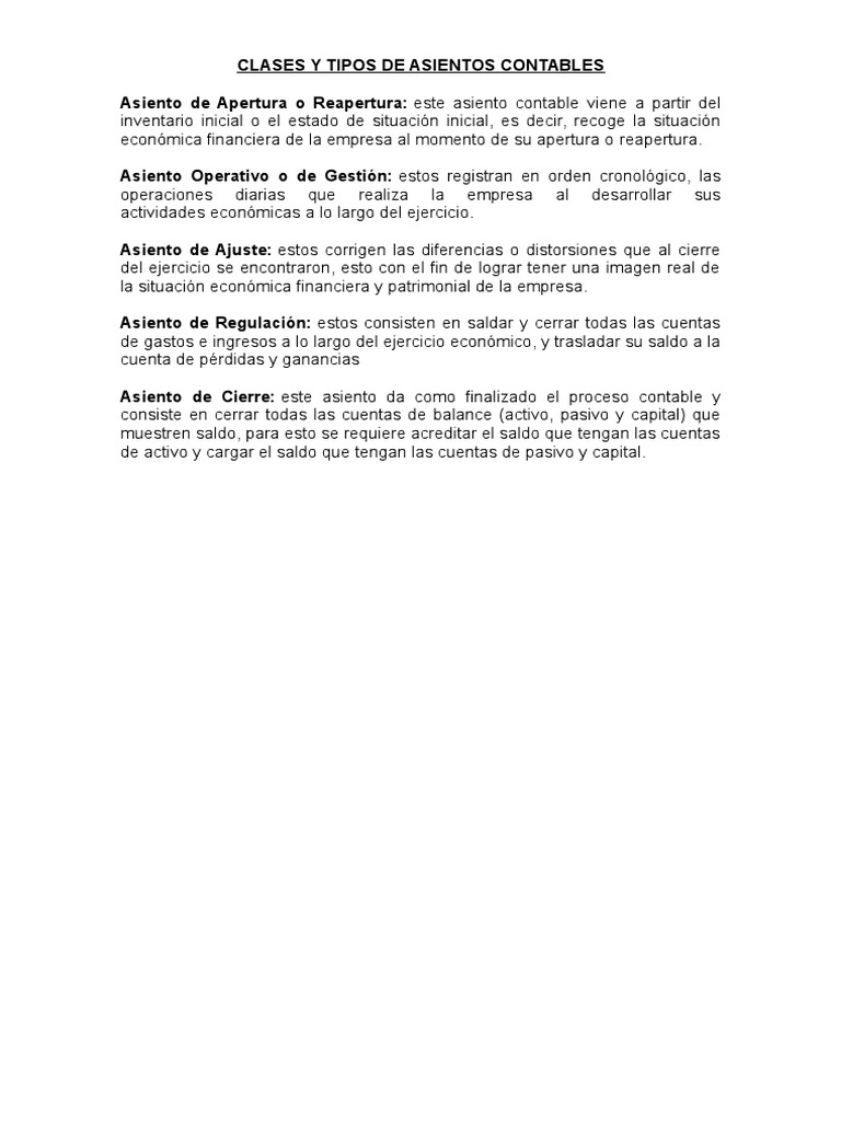 Tipos y Clases de Asientos Contables | PDF | Contabilidad | Corporaciones