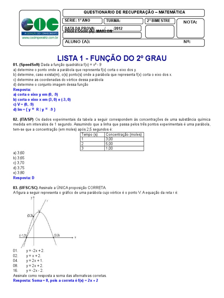 1º Ano - Funções Do 2º Grau | PDF | Função (Matemática) | Temperatura