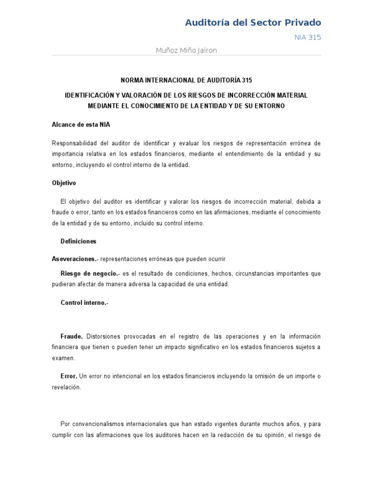 Nia 315 | PDF | Auditoría financiera | Contralor