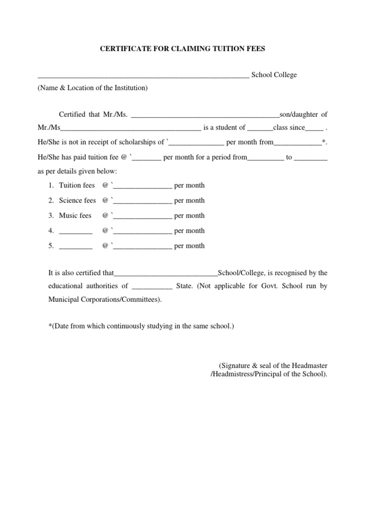 Certificate For Claiming Tuition Fee | PDF