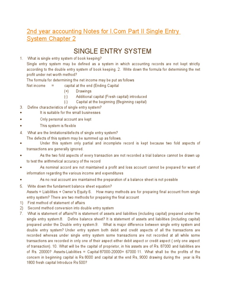 2nd Year Accounting Notes: Single Entry | PDF | Debits And Credits ...