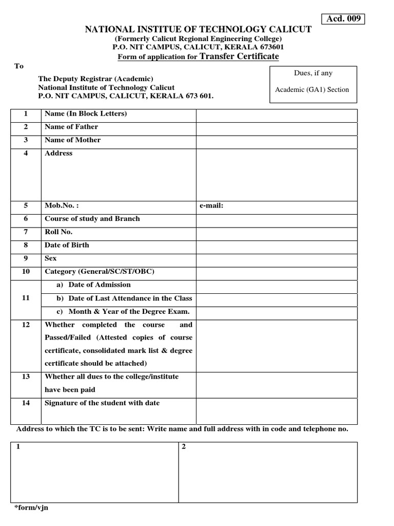 NIT Calicut Transfer Certificate Form | PDF | Career & Growth | Science ...