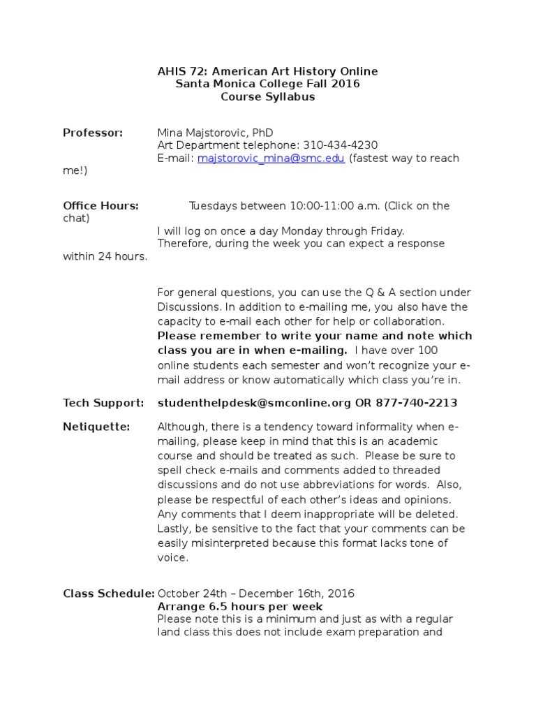 American Art History Syllabus Fall 2016 PDF Plagiarism Textbook