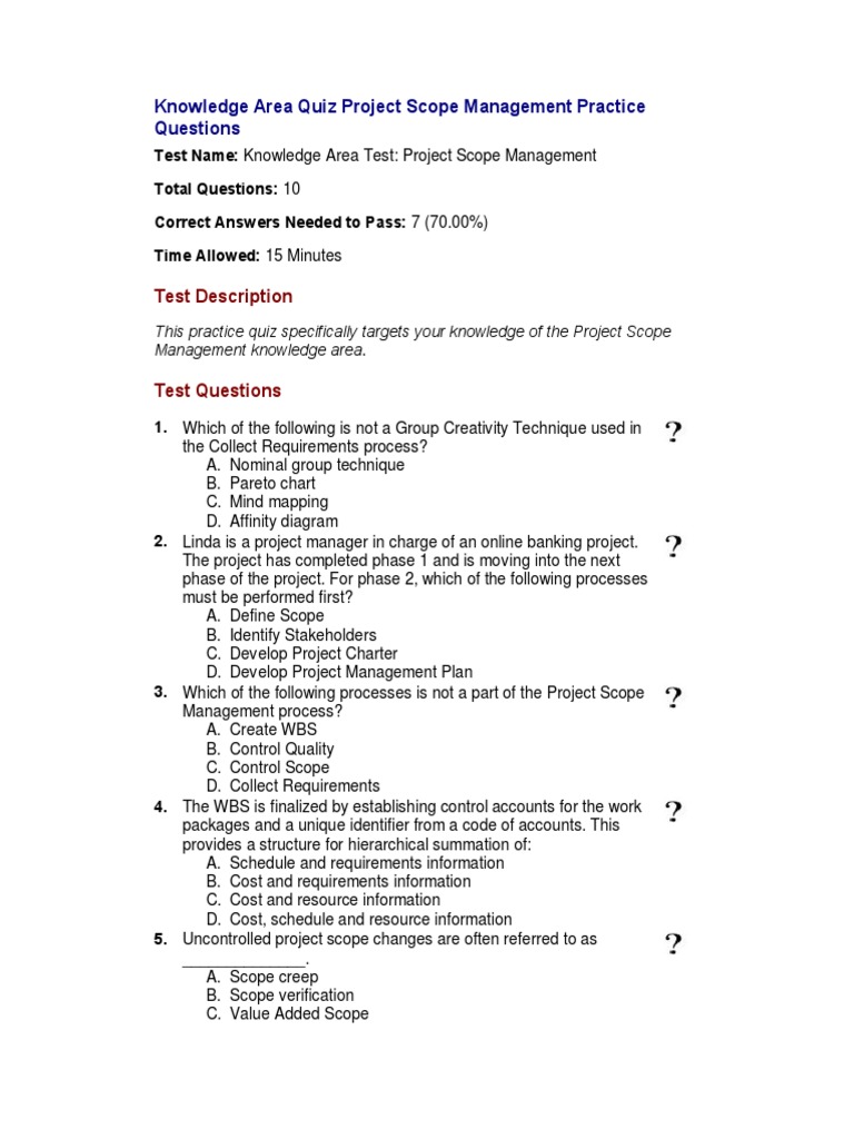 02 - Knowledge Area Quiz Project Scope Management | PDF | Project ...