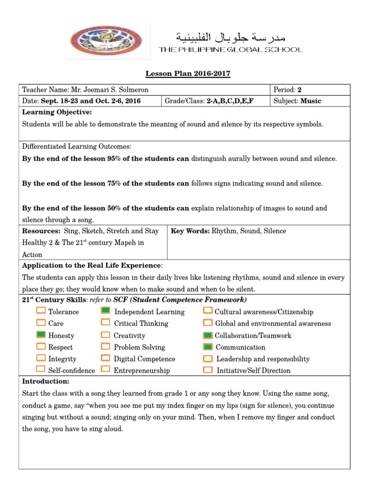 Music Lesson Plan for Grade 2 Rhythm (Sound and Silence) Silence