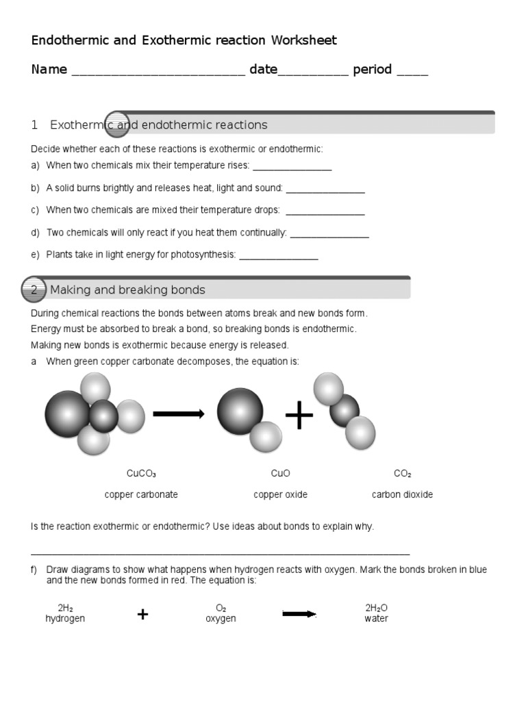 Endothermic And Exothermic Reaction Worksheet Chemical Reactions Oxygen