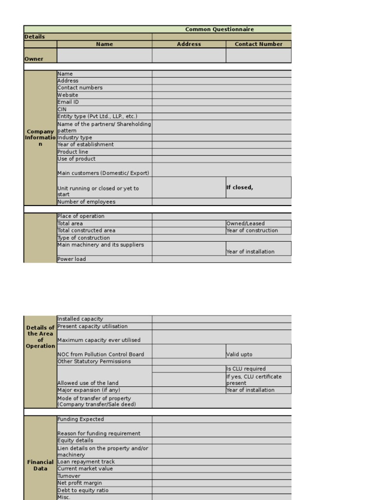 Comprehensive Business Questionnaire Template | PDF | Finance & Money ...